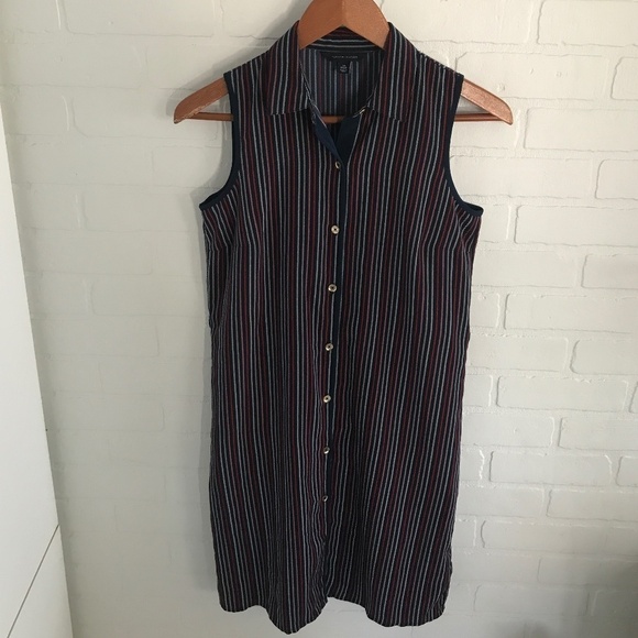 Tommy Hilfiger Mini Dress Preppy Coastal Striped Sleeveless Shirtdress Sz XS - Picture 2 of 7